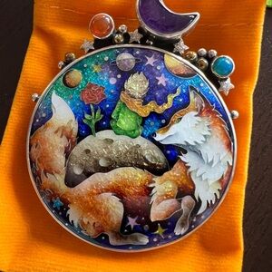 Colorful Enamel Pendant with Fox and Planets by Inga Iobidze